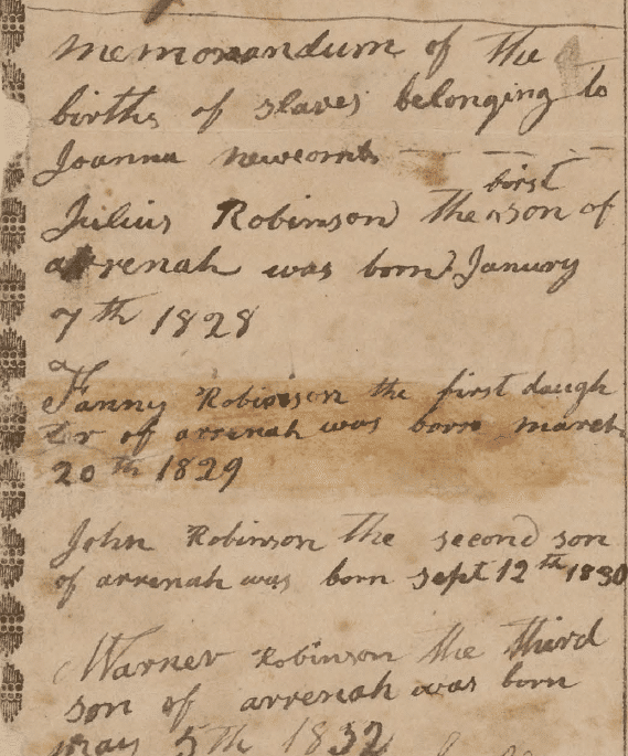 Fig 3. Memorandum of the births of slaves of Joanna Newcomb from Dawson Cooke's Revolutionary War Pension File (National Archives and Records Administration, NAID 7455382). 