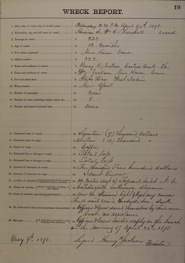 Fig 2. U.S. Life Saving Service wreck report for the Schooner William H. Marshall (24 Apr 1878). 