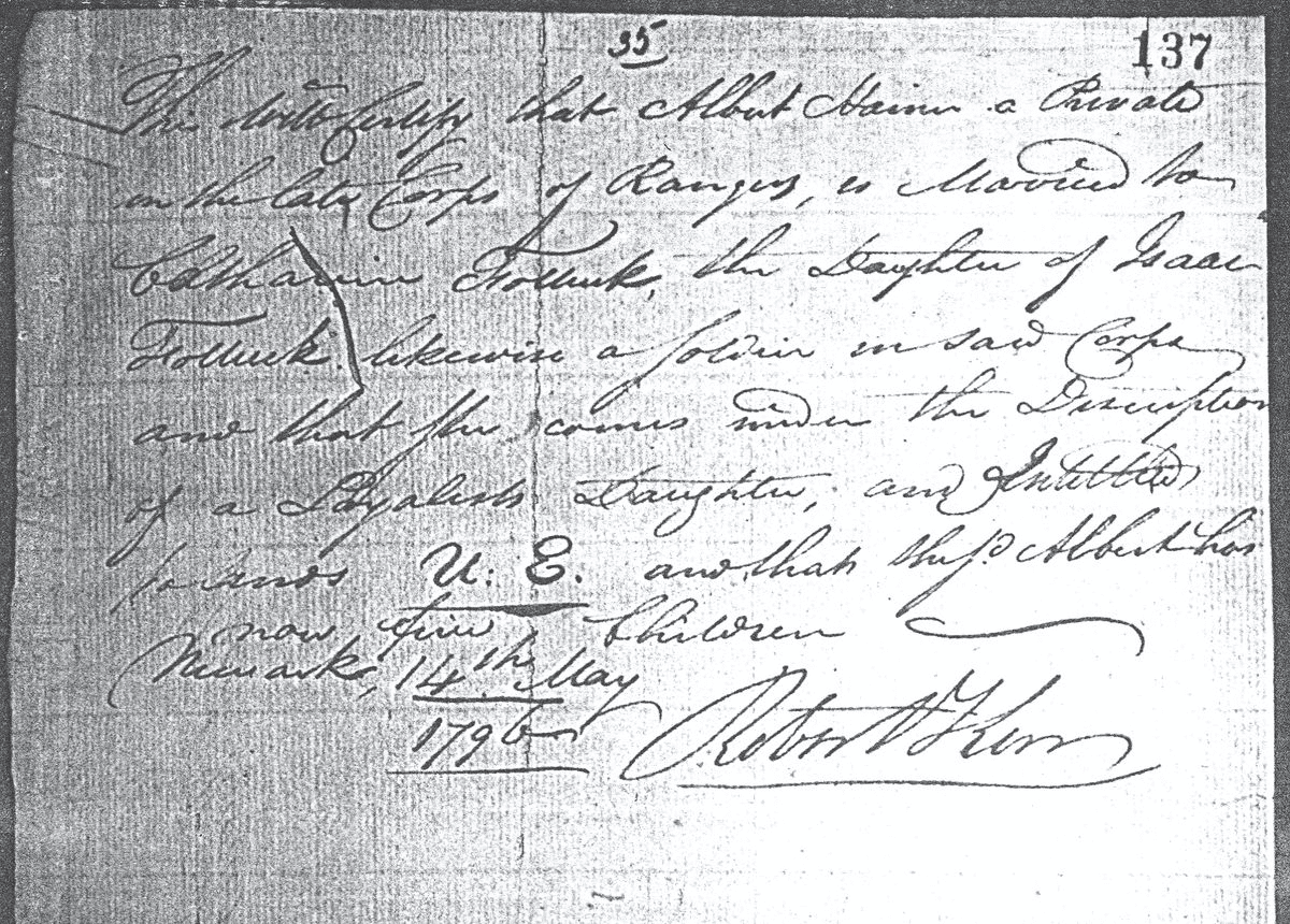 certificate concerning Loyalist Isaac Van Valkenburg aka Vollick