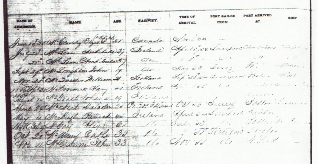 Left side of Almshouse admission book 1855