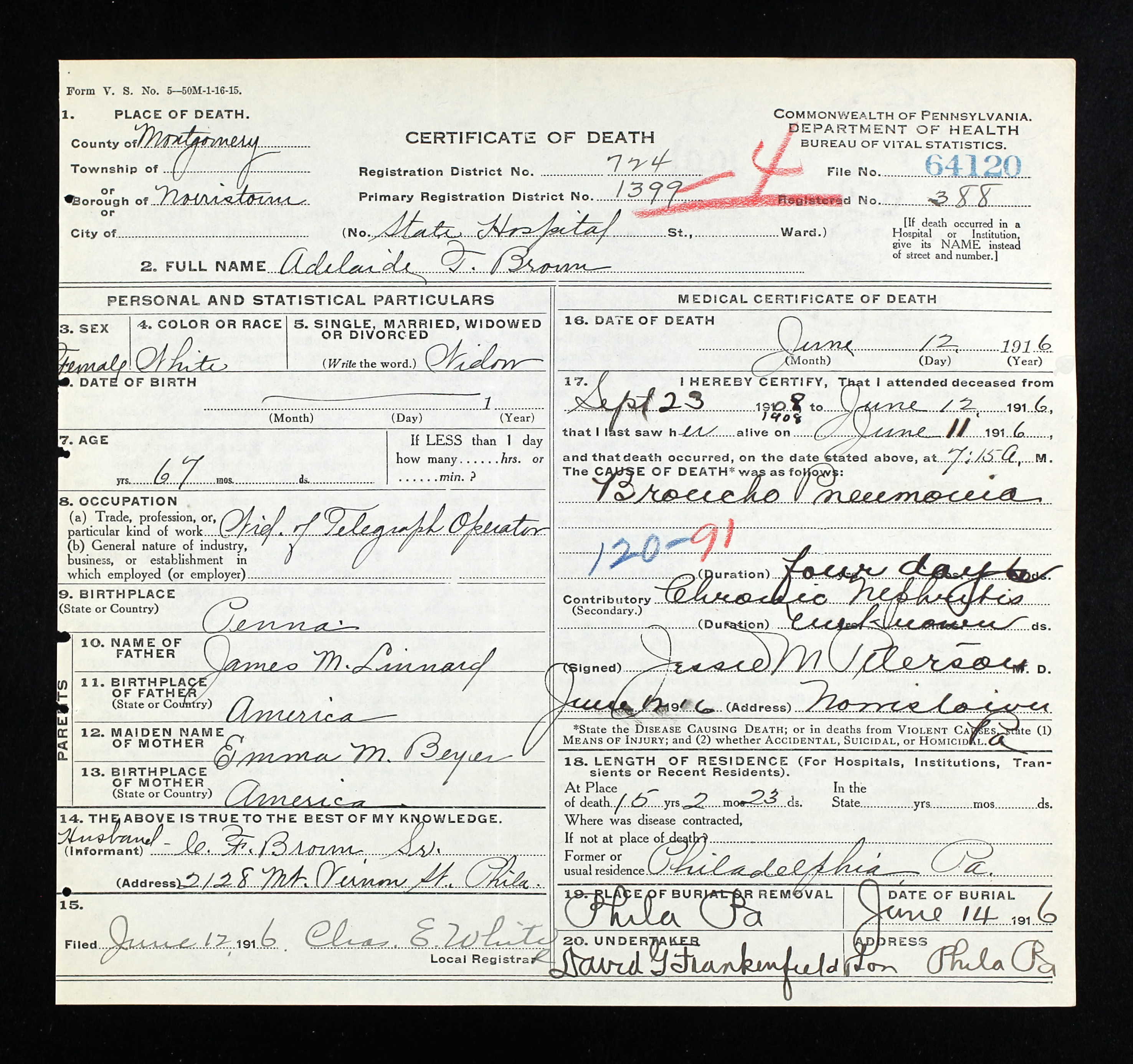 Leonard, Adelaide - 1916 death certificate
