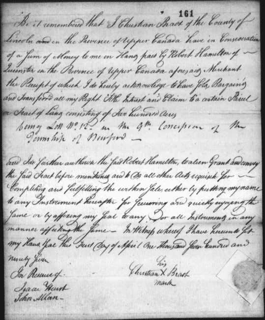 Film 1144. Land Record Letter from Christian Bradt in Newark, Lincoln County, Upper Canada