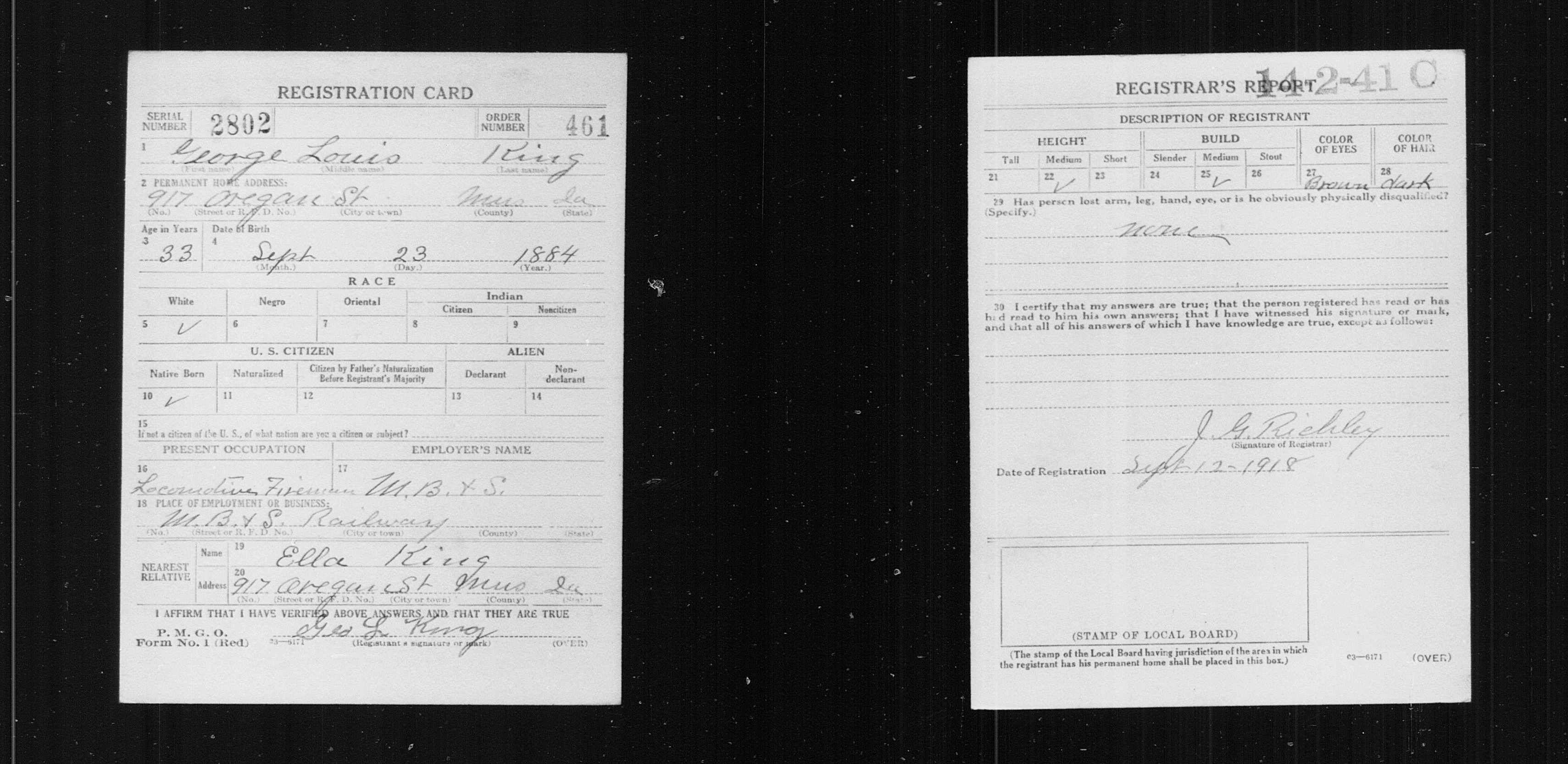 King, George - WWI draft registration