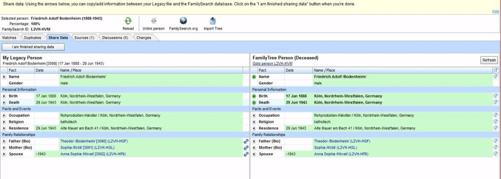 Friedrich Adolf Bodenheim viewed in Legacy's FamilySearch screen