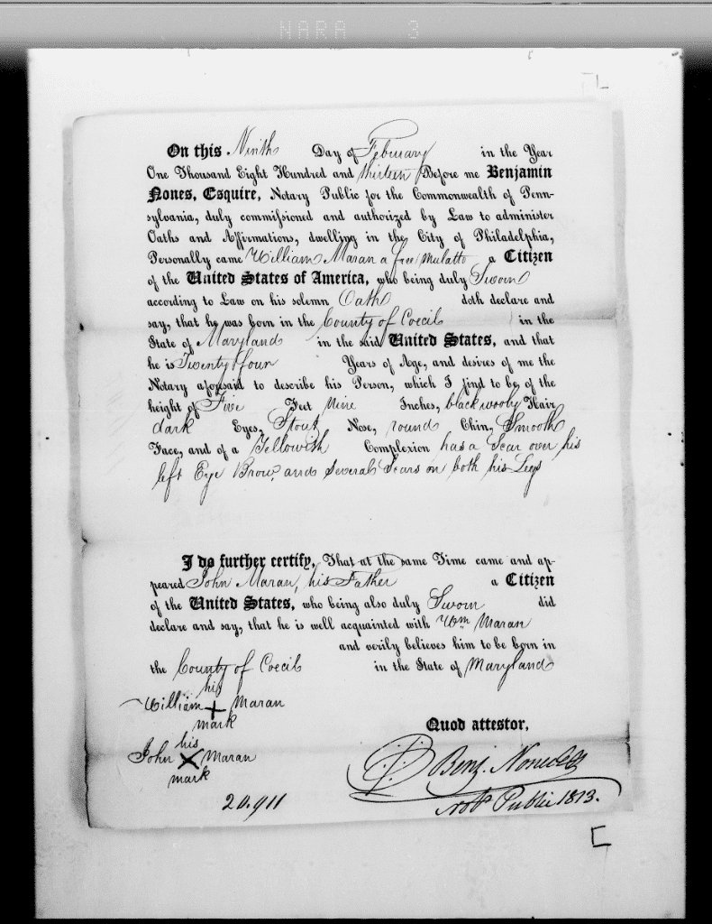 Fig 1. William Maran's Application for Seamen's Protection Certificate in the port of Philadelphia. (FamilySearch.org). 