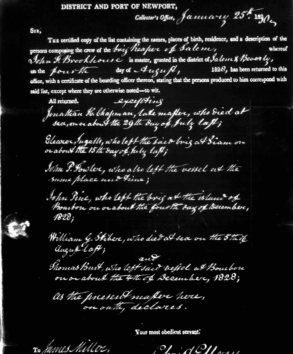 Fig 1. A list of men who didn’t return on the 1828 voyage of the Brig Reaper of Salem, Massachusetts. Two of the crew died at sea and four deserted the vessel. The notice was forwarded to the collector of the district of Salem from the collector of the district of Newport, Rhode Island.