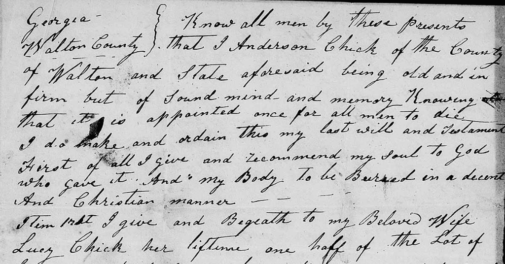 Beginning of Anderson Chick's Will