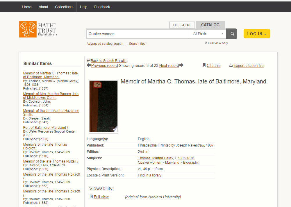 card catalog view of the item