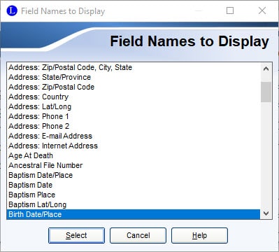 Field Names to Display Field Names to Display
