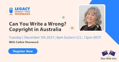 Register for Tuesday's Down Under webinar: Can You Write a Wrong? Copyright in Australia by Cathie Sherwood